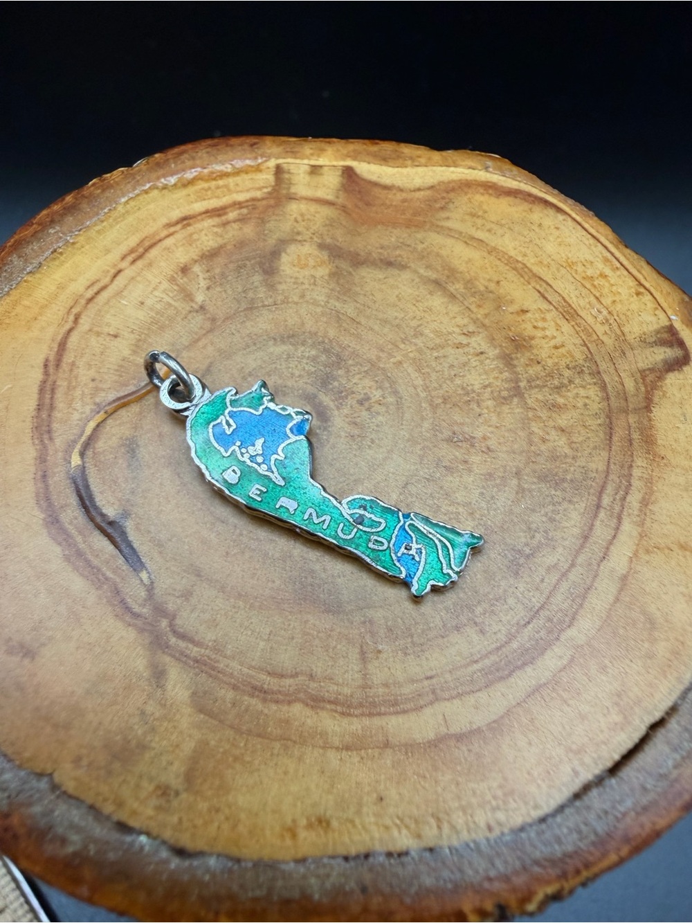 Vintage Bermuda Map Sterling and Enamel Charm Pendant in Aqua Green